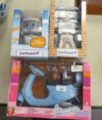 A 2002 BOXED BARBIE VESPA SCOOTER, ALSO TWO BOXED 'CONFUSED.COM' PLASTIC ROBOTS (3)