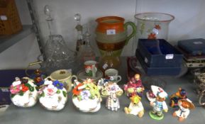 A SELECTION OF CHINA AND GLASSWARES TO INCLUDE; TWO DECANTERS, FLORAL ENCRUSTED CHINA TEAPOTS ETC...