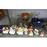 A SELECTION OF CHINA AND GLASSWARES TO INCLUDE; TWO DECANTERS, FLORAL ENCRUSTED CHINA TEAPOTS ETC...