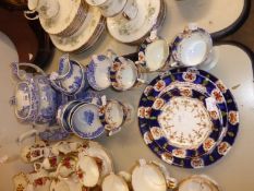 SPODE BLUE AND WHITE TEAPOT, 4 CUPS, 4 SAUCERS, MILK AND SUGAR BASIN, SANDWICH PLATE, AND TWO