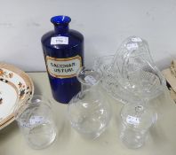 A BLUE GLASS DRUG BOTTLE WITH WHITE LABEL ?SACCHAR USTRUM?; A HEAVY CUT GLASS BASKET PATTERN FRUIT