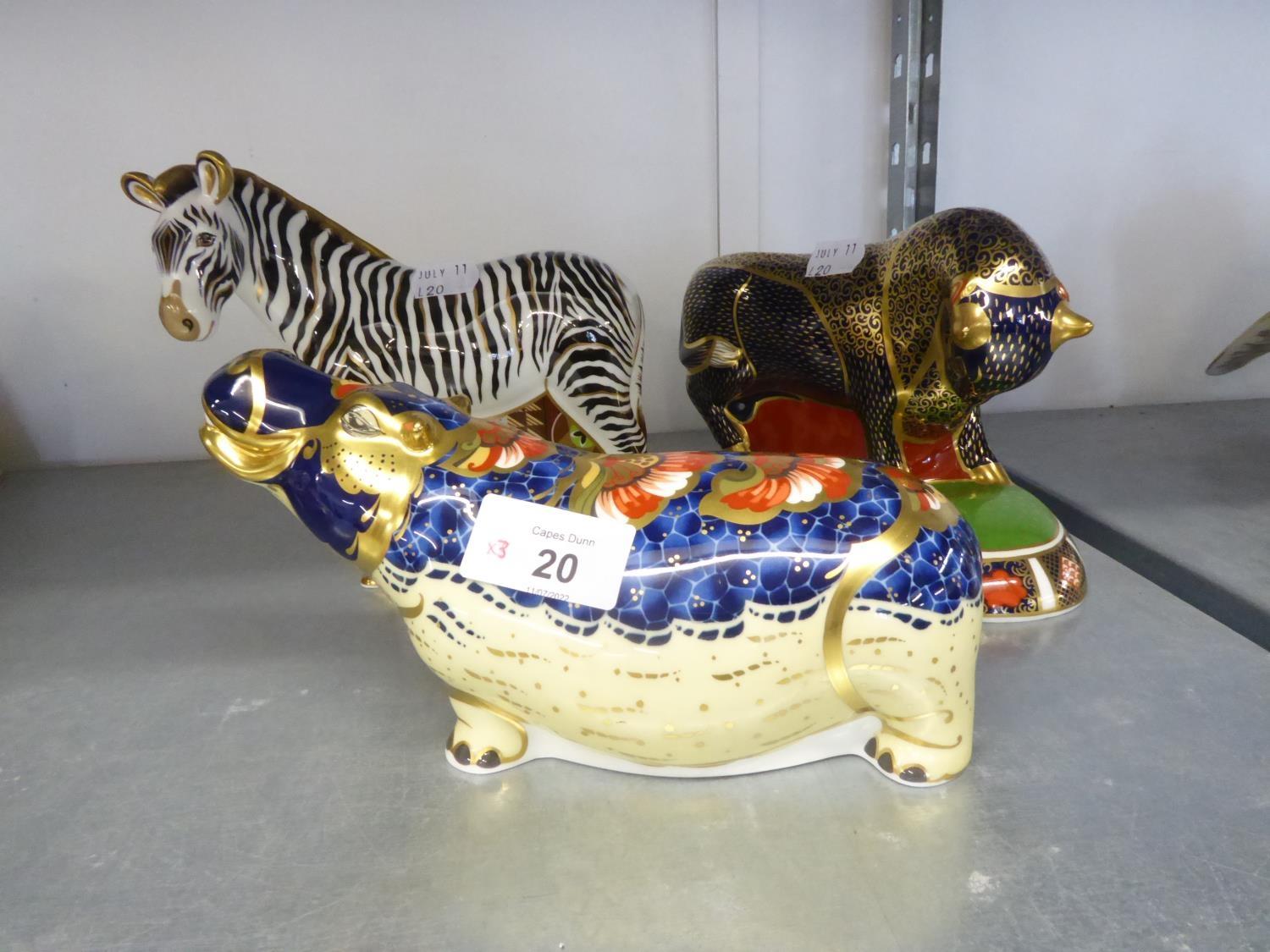 THREE MODERN ROYAL CROWN DERBY PORCELAIN JAPAN DECORATED ANIMALS comprising; 'Zebra', 'Hippopotamus'