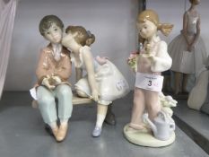 LLADRO PORCELAIN GROUP, YOUNG GIRL KISSING A YOUNG BOY, SEATED ON A BENCH; 7 1/2" (19.1cm) HIGH