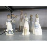 NAO, SPANISH PORCELAIN FIGURE OF A FEMALE BALLET DANCER, STANDING BEFORE A STOOL, ON SHAPED BASE,