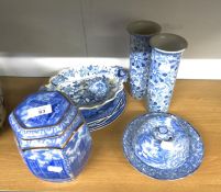 A SELECTION OF BLUE AND WHITE TRANSFER PRINTED POTTERY INCLUDING; A RINGTONS TEA CANISTER WITH COVER