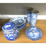 A SELECTION OF BLUE AND WHITE TRANSFER PRINTED POTTERY INCLUDING; A RINGTONS TEA CANISTER WITH COVER