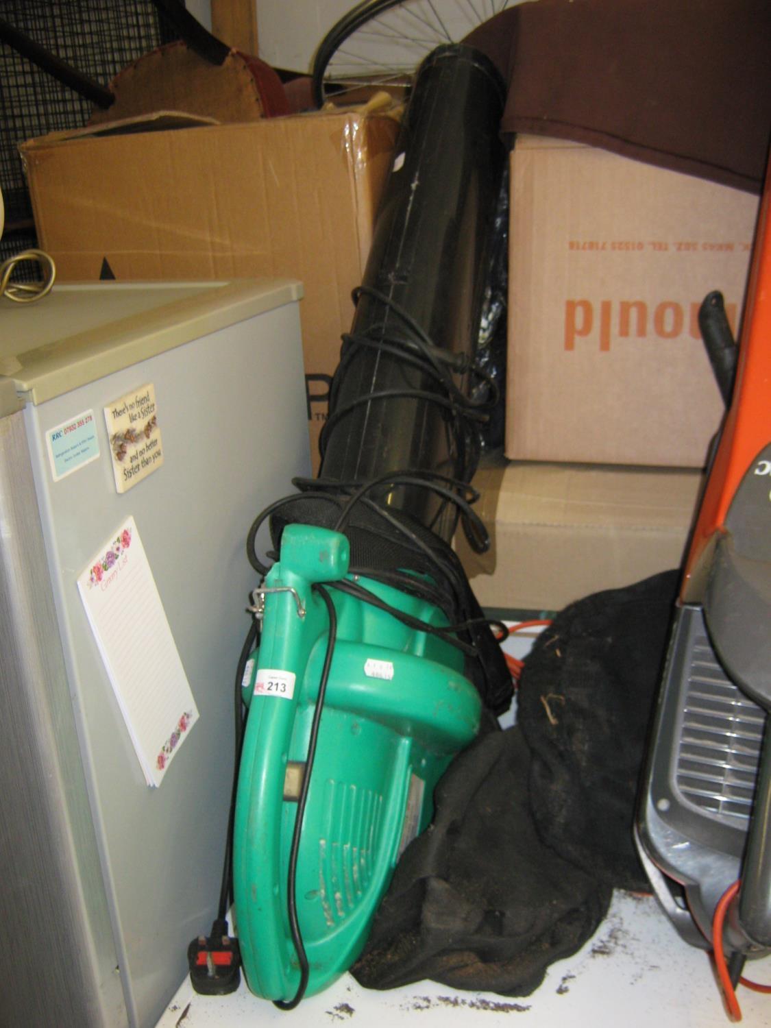 AN ELECTRIC GARDEN VACUUM WITH SHOULDER STRAP AND BAG