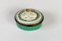 EARLY 19th CENTURY, POSSIBLY BILSTON, ENAMEL OVAL PATCH BOX, the hinge lid with motto within a