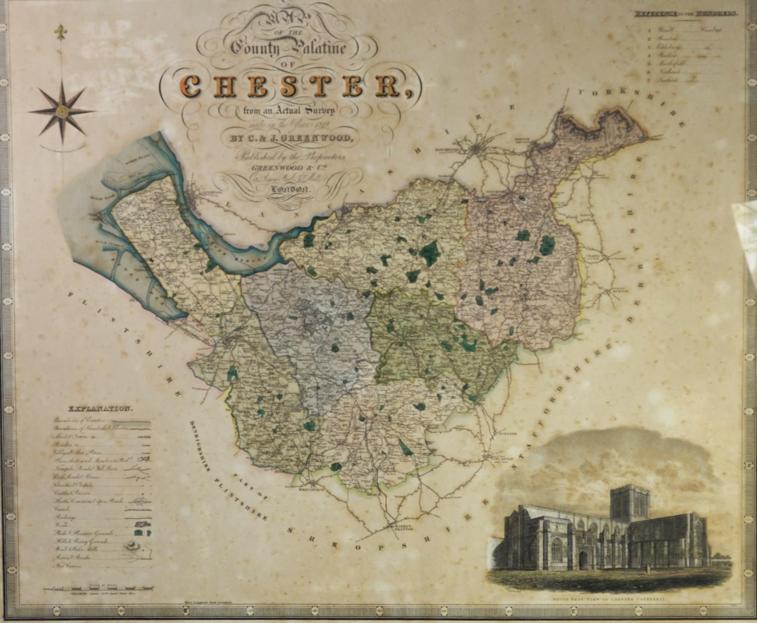 E. & J. GREENWOOD, ANTIQUE MAP 'CHESTER' (Cheshire)  published 1830 with illustration of Chester