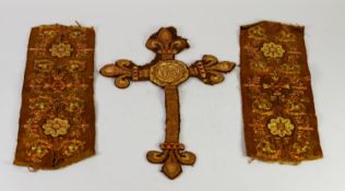 THREE GOLD BROCADE FABRIC PIECES FROM A CLERGYMAN'S VESTMENTS, two floral panels and a cross with