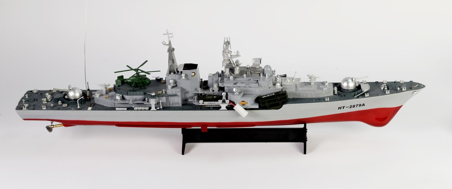 REMOTE CONTROLLED PLASTIC 1/15 SCALE MODEL OF A MODERN DESTROYER WARSHIP WITH HELICOPTER, 32in (81.