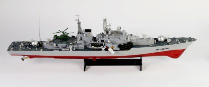 REMOTE CONTROLLED PLASTIC 1/15 SCALE MODEL OF A MODERN DESTROYER WARSHIP WITH HELICOPTER, 32in (81.