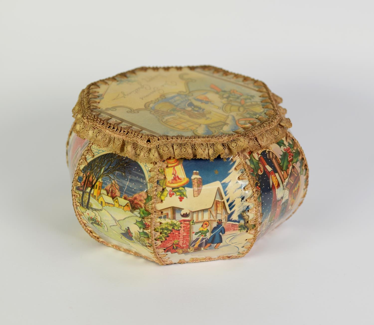 CIRCA 1920's PLASTIC CHRISTMAS BOX 'THE SEASONS HAPPY GREETINGS' of hexagonal and stitched form, all - Image 9 of 10