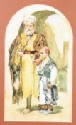 EARLY 20th CENTURY WATERCOLOUR DRAWING, BEARDED ARAB AND BOY beneath an archway, milestone shaped