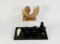RAMS HORN, MOUNTED ON A SOFTWOOD BASE, as a snuff mull but lacking top, 7 1/2" (19cm) wide,  LARGE