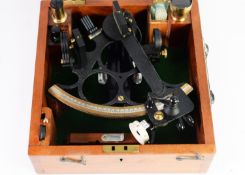 H. HUGHES & SON Ltd, BLACK JAPANNED METAL AND BRASS SEXTANT, with accessories and ?Certificate of