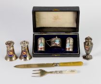 BOXED SET OF THREE ELECTROPLATE CONDIMENTS, Souvenir from Wembley 1924, each applied with enamel