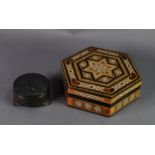 TWENTIETH CENTURY MIDDLE EASTERN HEXAGONAL INLAID WOOD JEWELLERY BOX, intricate mosaic inlay