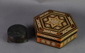 TWENTIETH CENTURY MIDDLE EASTERN HEXAGONAL INLAID WOOD JEWELLERY BOX, intricate mosaic inlay