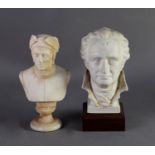EARLY TWENTIETH CENTURY CARVED ALABASTER BUST OF DANTE, raised on a waisted circular base/socle, 8