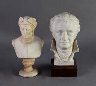 EARLY TWENTIETH CENTURY CARVED ALABASTER BUST OF DANTE, raised on a waisted circular base/socle, 8