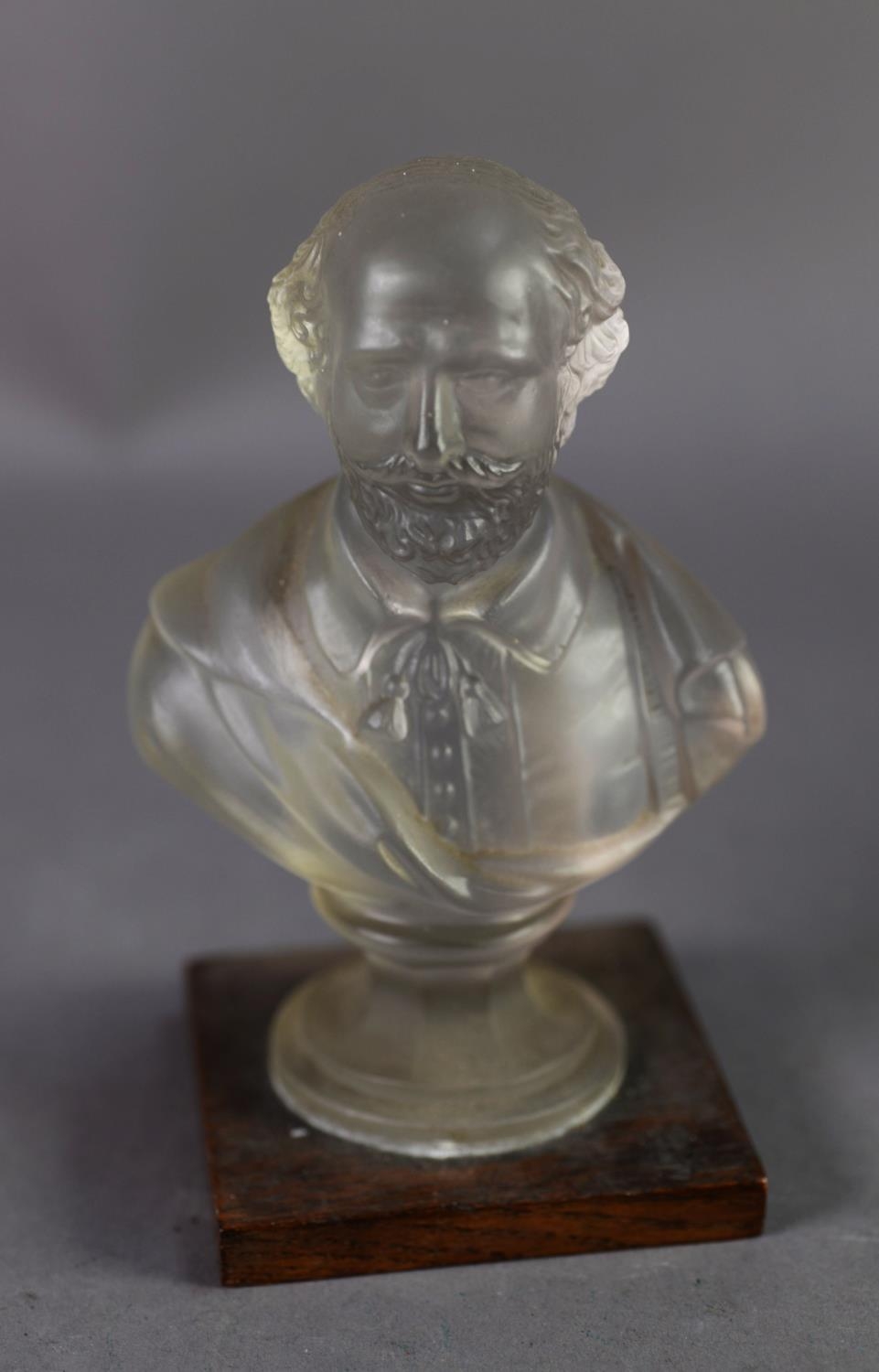 FROSTED GLASS BUST OF WILLIAM SHAKESPEARE 6" (15.3cm) high, on later oak square base, 6 1/2" (16.