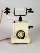 POST-WAR, PROBABLY FRENCH, TALL WHITE ENAMEL AND BRASS CRADLE TELEPHONE with side crank handle and
