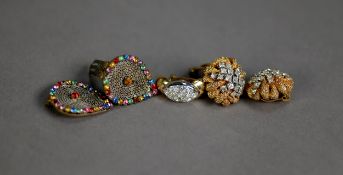 PAIR OF PRE-WAR FILIGREE TEAR SHAPED CLIP BROOCHES, with coloured paste set borders and a PAIR OF