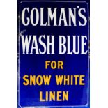 MID 20th CENTURY BLUE SINGLE SIDED ENAMEL SIGN - COLMANS WASH - white and orange lettering on dark