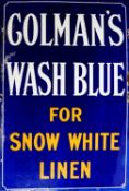 MID 20th CENTURY BLUE SINGLE SIDED ENAMEL SIGN - COLMANS WASH - white and orange lettering on dark