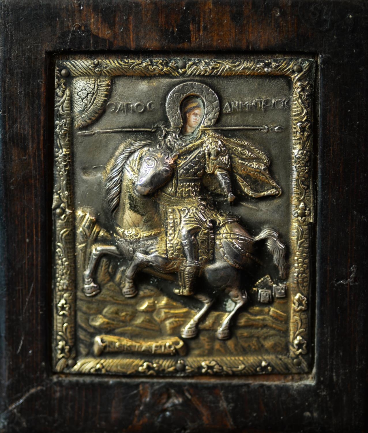 TWENTIETH CENTURY BYZANTINE SILVER RELIEF AND PAINTED ICON of a saintly warrior on rearing horse, - Image 3 of 12