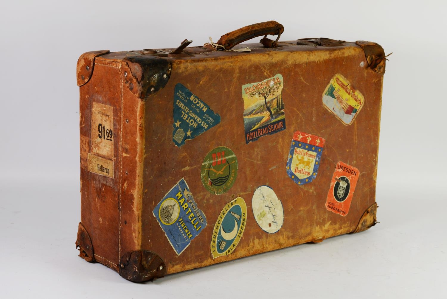 PRE-WAR WELL USED LEATHER SUITCASE, applied with NINE CONTEMPORARY COLOUR PRINTED EUROPEAN TRAVEL - Image 2 of 2