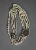 FRENCH FOUR STRAND NECKLACE OF IMITATION PEARLS with two large paste set spacers and clasp