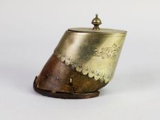 ELECTROPLATE MOUNTED HORSE?S HOOF TOBACCO JAR AND COVER, with flat hinged cover and engraved border