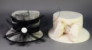 JOHN LEWIS LADY'S WHITE STRAW HAT, with black fabric bands and black feather adornment, AND AN ALL