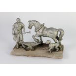 FOUR PIECE SILVER PAINTED CAST METAL GROUP OF A HORSE AND FARRIER, mounted on an oblong wood base,