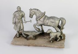 FOUR PIECE SILVER PAINTED CAST METAL GROUP OF A HORSE AND FARRIER, mounted on an oblong wood base,