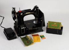 PRE-WAR SINGER No 221K PORTABLE ELECTRIC SEWING MACHINE, the lightweight body black enamel with gilt