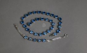 SILVER NECKLACE with blue paste set oblong links and MATCHING BRACELET (925 mark)