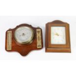 EARLY TWENTIETH CENTURY WALL MOUNTED ANEROID BAROMETER, THERMOMETER AND STORM GLASS, mounted on a