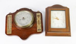 EARLY TWENTIETH CENTURY WALL MOUNTED ANEROID BAROMETER, THERMOMETER AND STORM GLASS, mounted on a