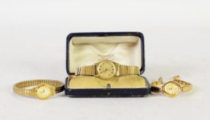 THREE LADIES GILT METAL WATCHES WITH QUARTZ MOVEMENT and gilt expanding bracelets by Citizen,