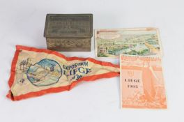 BELGIUM EXHIBITIONS: BRUSSELS 1910, an EMBOSSED WHITE METAL TABLE CIGARETTE BOX and a ?DIPLOME DE