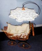 ORNATE VICTORIAN STYLE DOLL'S PRAM, bentwood and wire work body decorated with woven rattan work,