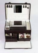 BROWN LEATHER LARGE AND FULLY FITTED JEWELLERY CASE with lift up top and fall front revealing five