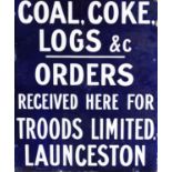 MID 20th CENTURY DOUBLE SIDED BLUE AND WHITE ENAMEL FLANGE SIGN - Coal, Coke, Logs &c orders