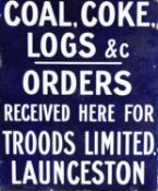 MID 20th CENTURY DOUBLE SIDED BLUE AND WHITE ENAMEL FLANGE SIGN - Coal, Coke, Logs &c orders