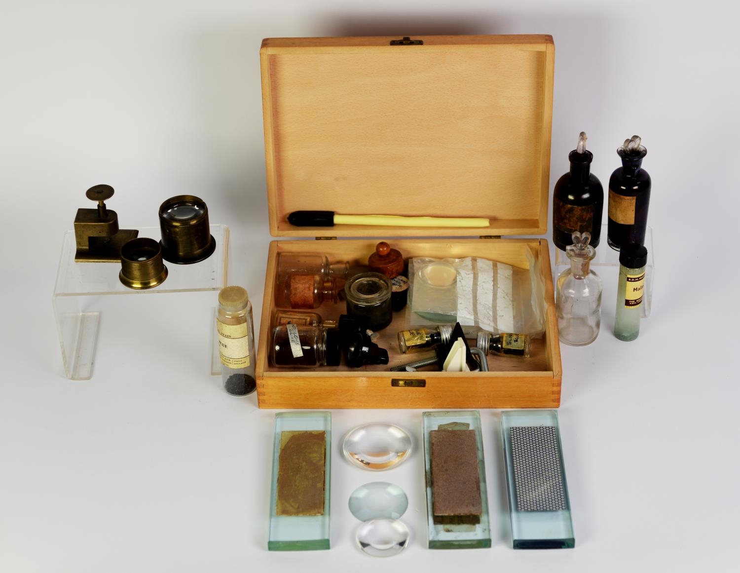 NINE SMALL CHEMICAL/LABORATORY BOTTLES, mainly with stoppers;  a  SELECTION OF ACCESSORIES, - Image 2 of 2