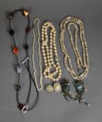 FOUR IMITATION PEARL NECKLACES and a pair of clip earrings; a PAIR OF LARGE BRONZED METAL AND