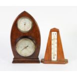 EARLY TWENTIETH CENTURY WALL MOUNTED ANEROID BAROMETER AND THERMOMETER, mounted on a shaped and
